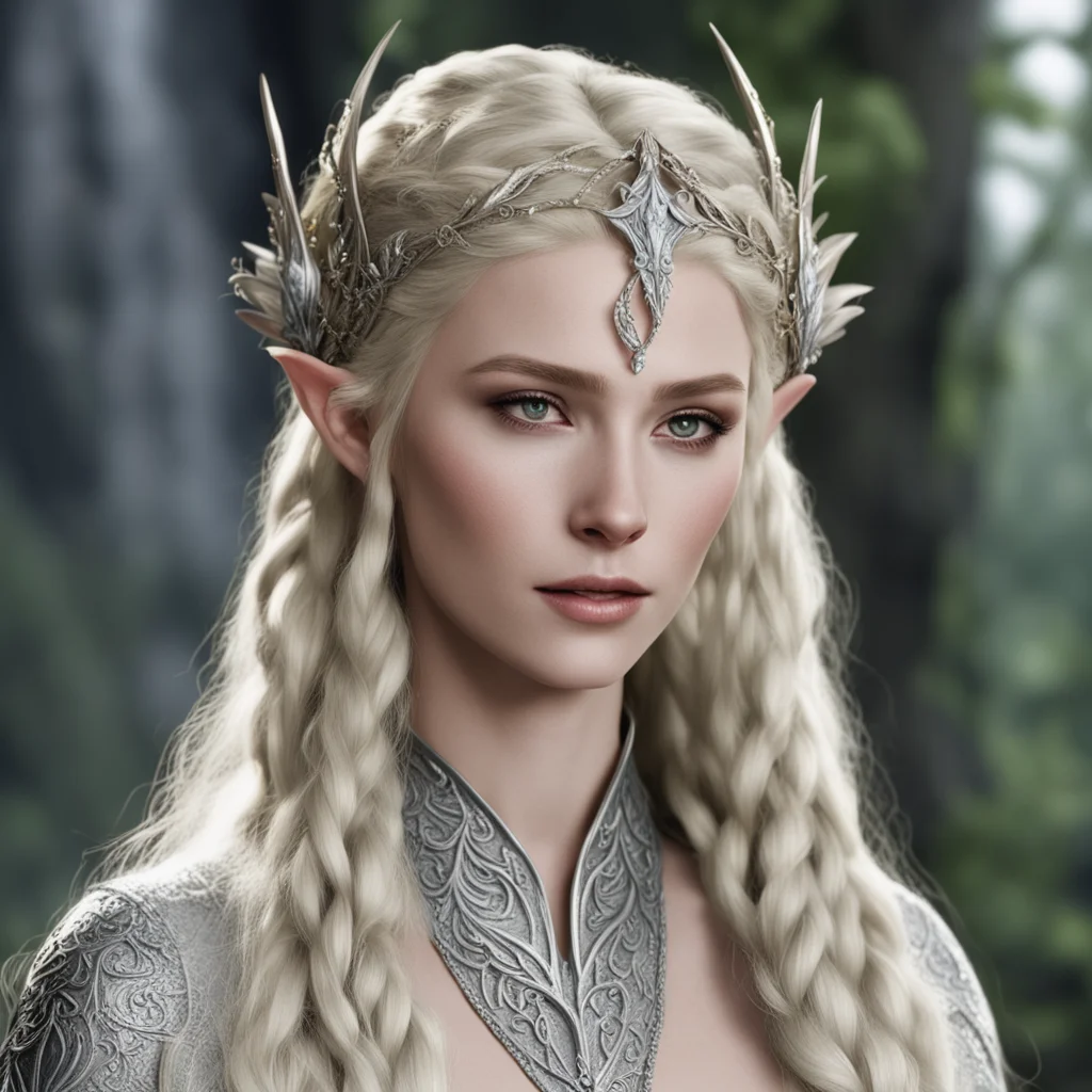 aithranduil%E2%80%99s wife with blond hair with braids wearing silver flower elven circlet with diamonds good looking trending fantastic 1