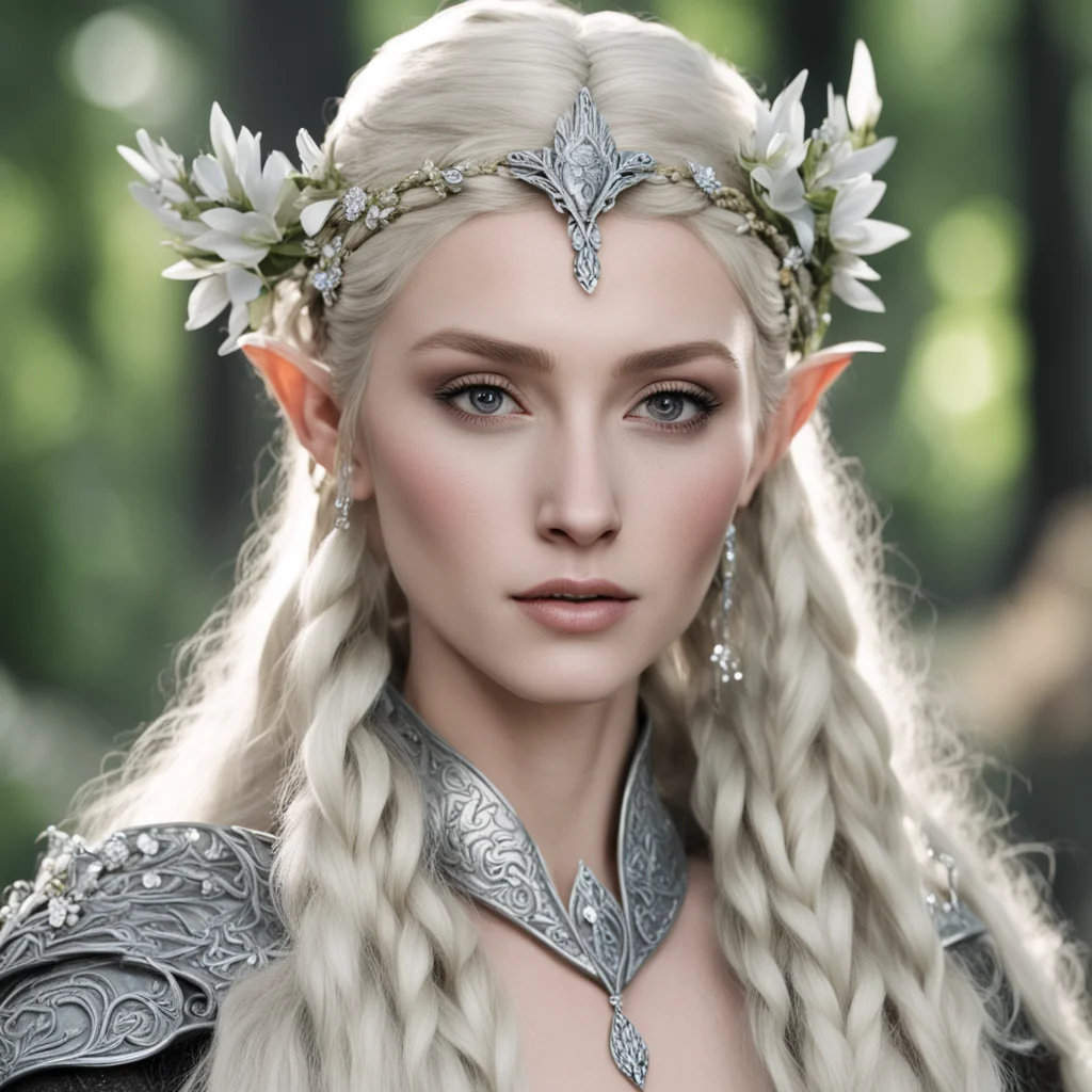 aithranduil%E2%80%99s wife with blond hair with braids wearing silver flowers circlet with diamonds confident engaging wow artstation art 3