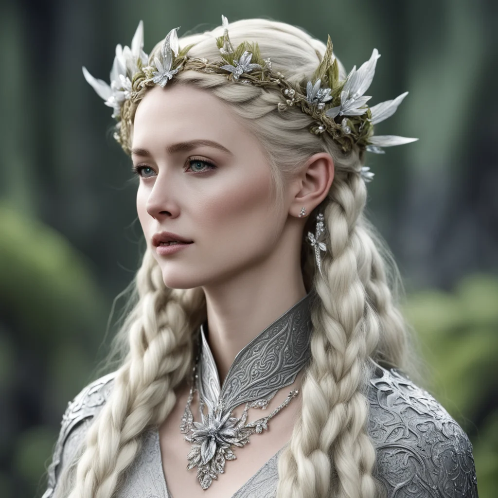 aithranduil%E2%80%99s wife with blond hair with braids wearing silver flowers circlet with diamonds good looking trending fantastic 1