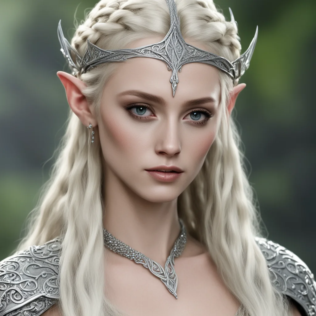 aithranduil%E2%80%99s wife with blond hair with braids wearing silver nandaran elvish circlet with diamonds confident engaging wow artstation art 3