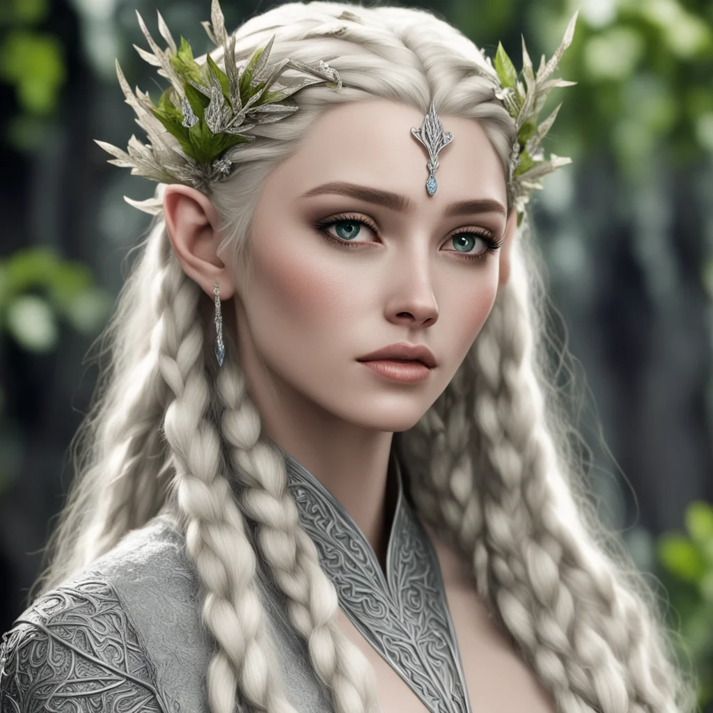 aithranduil%E2%80%99s wife with blond hair with braids wearing silver oak leaves with diamonds confident engaging wow artstation art 3