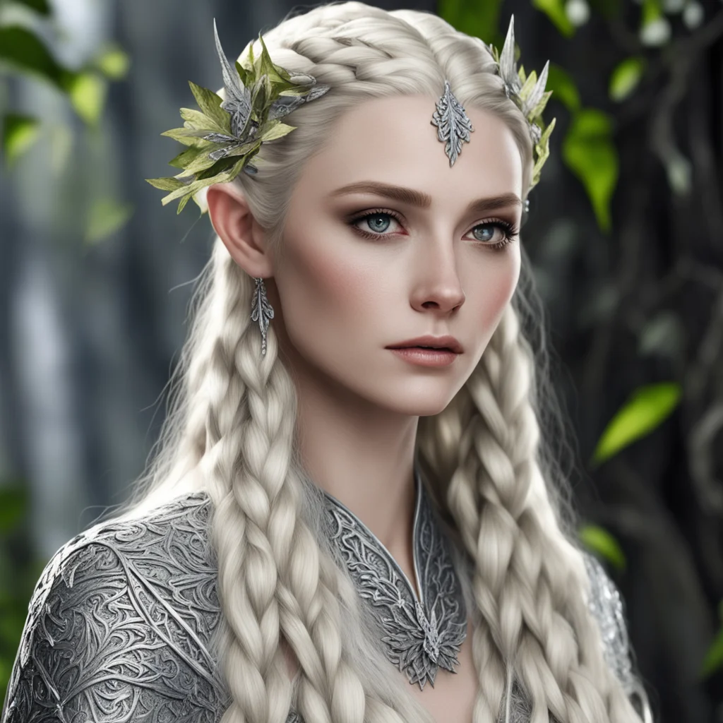 aithranduil%E2%80%99s wife with blond hair with braids wearing silver oak leaves with diamonds good looking trending fantastic 1