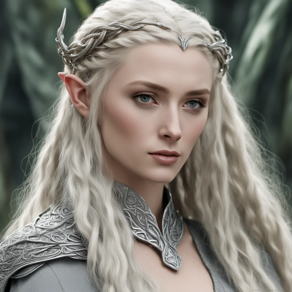 aithranduil%E2%80%99s wife with blond hair with braids wearing silver serpents intertwined elven circlet with diamonds confident engaging wow artstation art 3