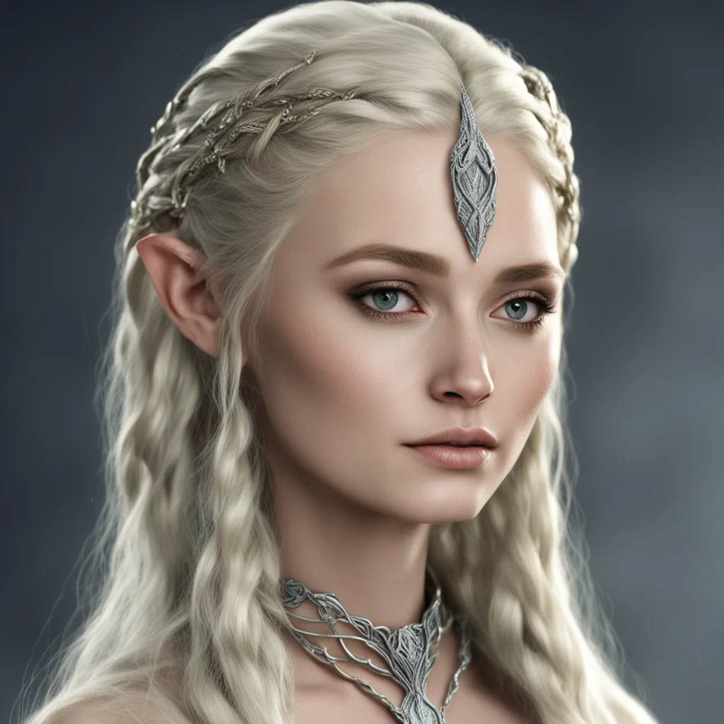 aithranduil%E2%80%99s wife with blond hair with braids wearing silver serpents intertwined elven circlet with diamonds good looking trending fantastic 1