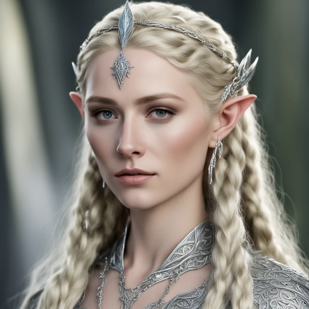 aithranduil%E2%80%99s wife with blond hair with braids wearing silver sindarin elvish circlet with diamonds amazing awesome portrait 2