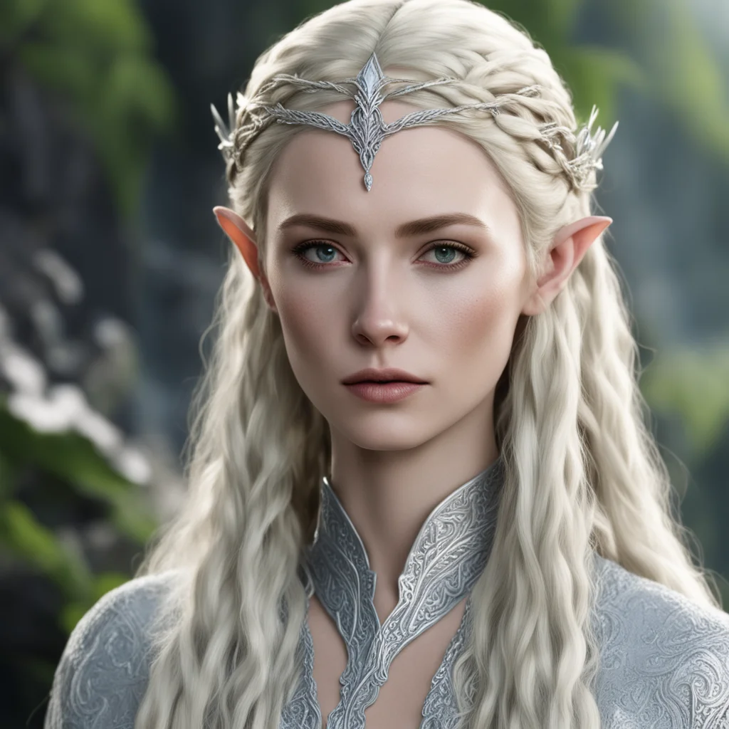 aithranduil%E2%80%99s wife with blond hair with braids wearing silver sindarin elvish circlet with diamonds confident engaging wow artstation art 3