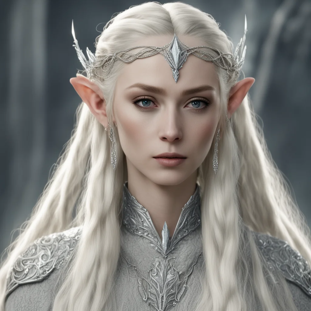 aithranduil%E2%80%99s wife with blond hair with braids wearing silver strings of diamonds in hair and silver elvish circlet with large center diamond  confident engaging wow artstation art 3