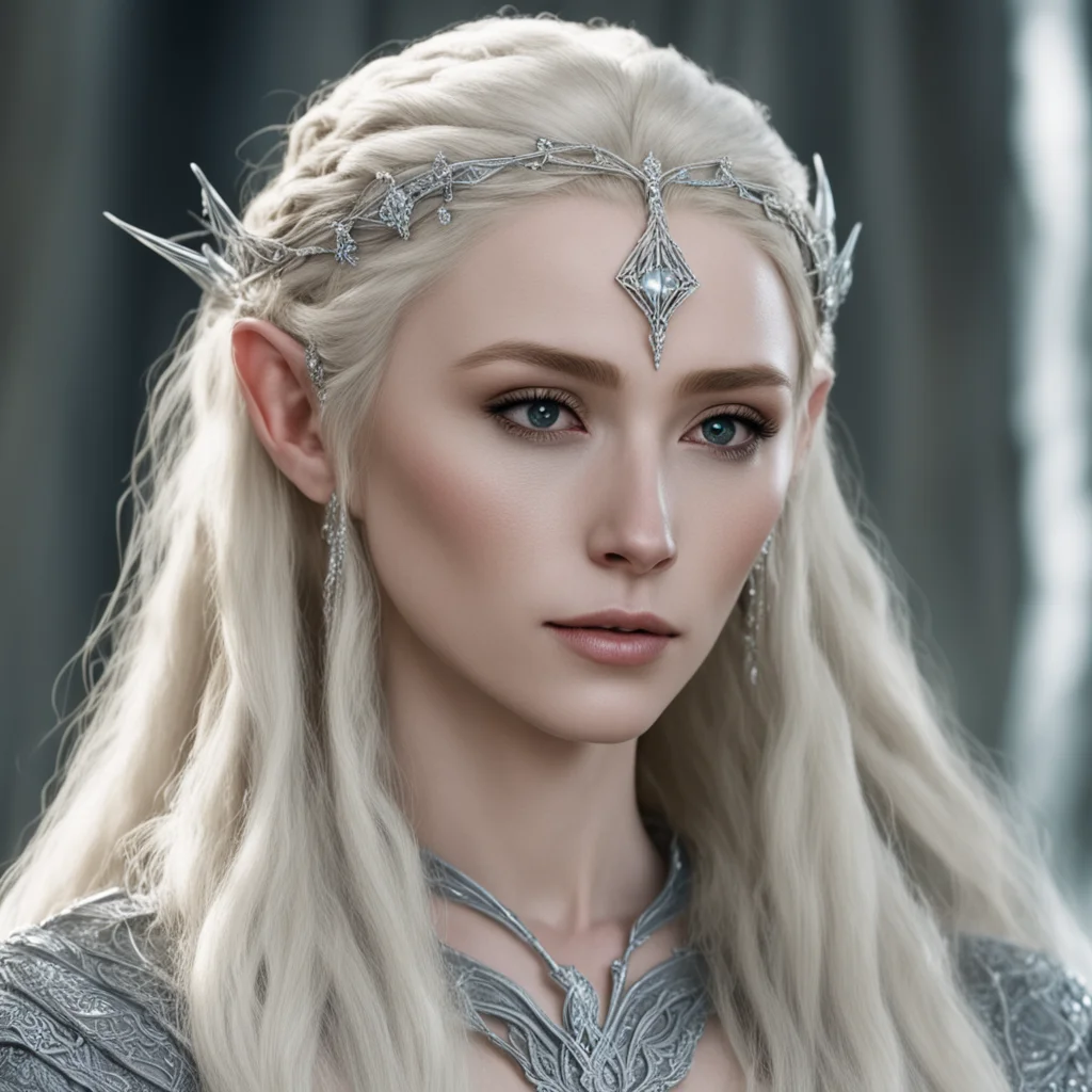 aithranduil%E2%80%99s wife with blond hair with braids wearing silver strings of diamonds in hair and silver elvish circlet with large center diamond  good looking trending fantastic 1
