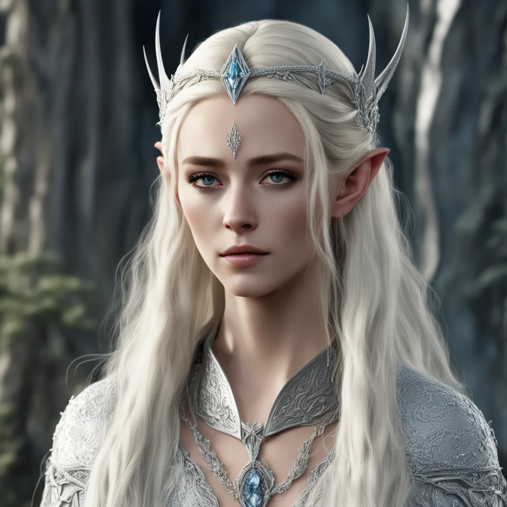 aithranduil%E2%80%99s wife with blond hair with braids wearing silver strings of diamonds in hair and silver elvish circlet with large center diamond 