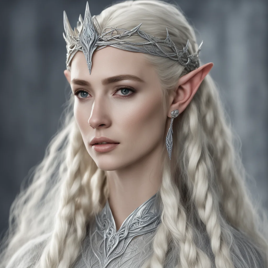 aithranduil%E2%80%99s wife with blond hair with braids wearing silver wood elf circlet with diamonds confident engaging wow artstation art 3