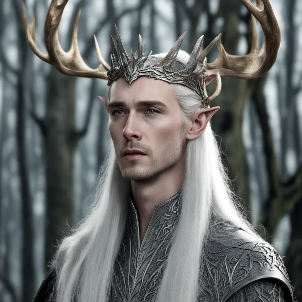 thranduil wearing silver wood elf crown with elk graven into crown