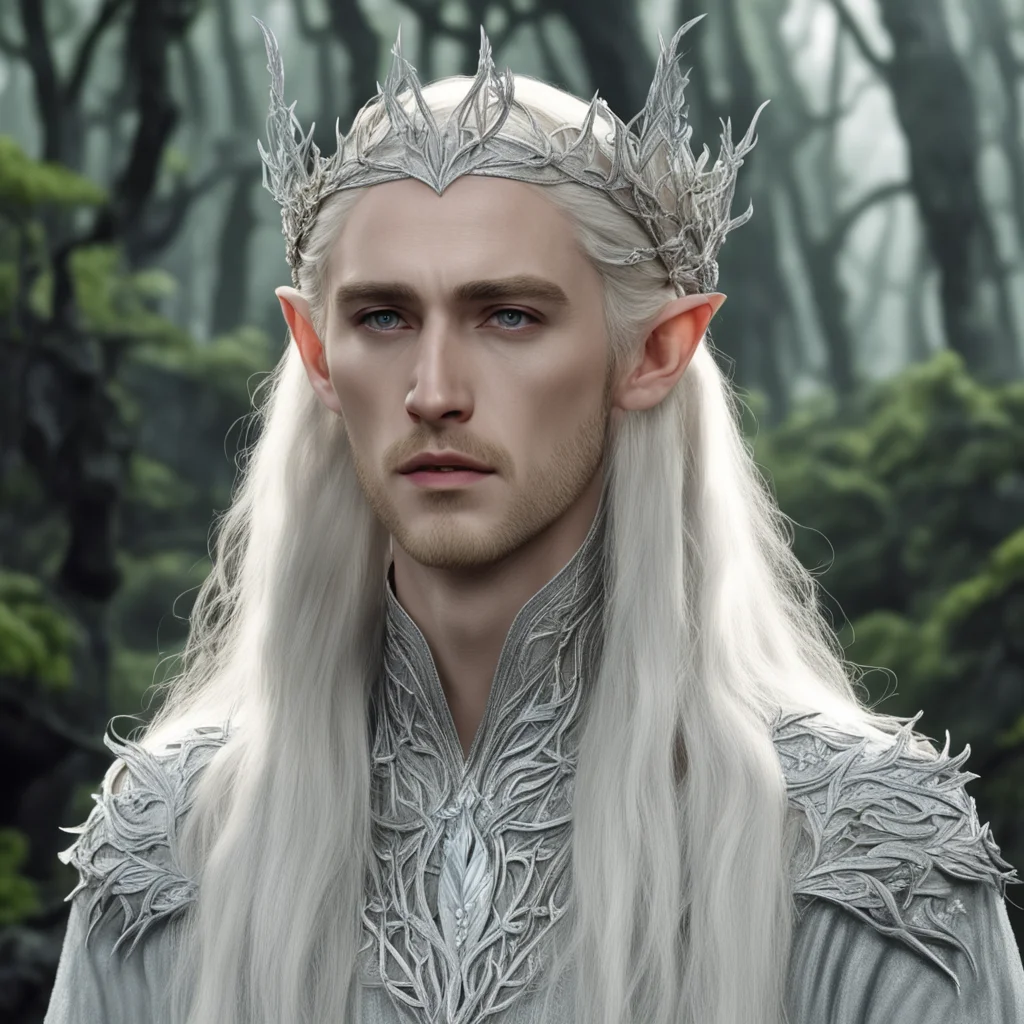 aithranduil with blond hair and braids wearing silver leafy vines intertwined and encrusted with diamonds to form a silver elvish circlet with large center diamond amazing awesome portrait 2
