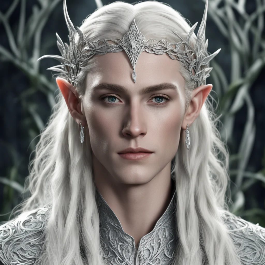thranduil with blond hair and braids wearing silver leafy vines intertwined and encrusted with diamonds to form a silver elvish circlet with large center diamond confident engaging wow artstation ar
