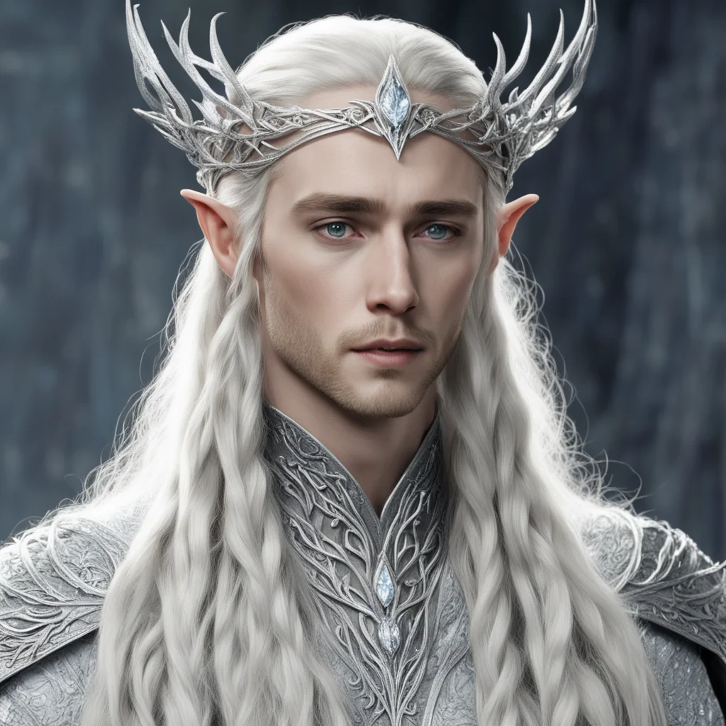 thranduil with blond hair and braids wearing silver leafy vines intertwined and encrusted with diamonds to form a silver elvish circlet with large center diamond good looking trending fantastic 1.we