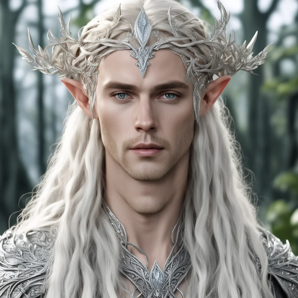 thranduil with blond hair and braids wearing silver leafy vines intertwined and encrusted with diamonds to form a silver elvish circlet with large center diamond