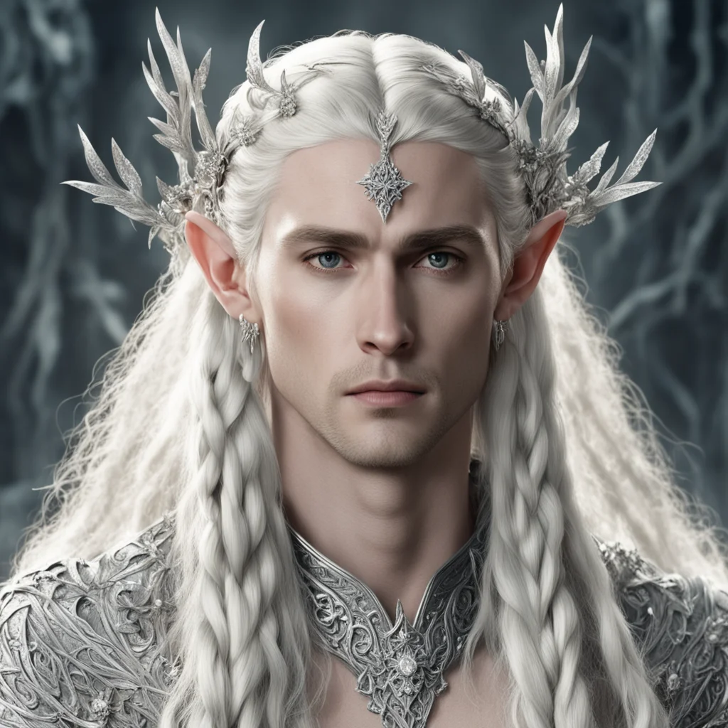 thranduil with blond hair and braids wearing silver vines encrusted with diamonds with silver flowers encrusted with diamonds forming a silver elvish circlet with large center diamond amazing awesom