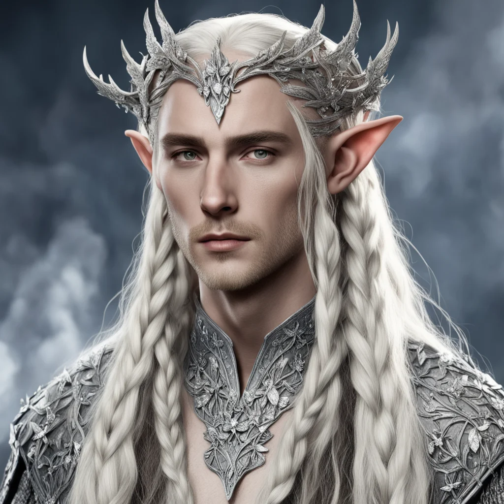 thranduil with blond hair and braids wearing silver vines encrusted with diamonds with silver flowers encrusted with diamonds forming a silver elvish circlet with large center diamond confident enga