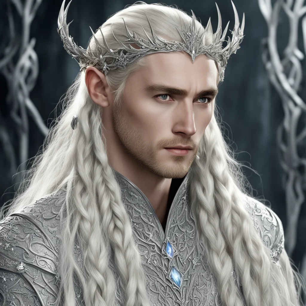 thranduil with blond hair and braids wearing silver vines encrusted with diamonds with silver flowers encrusted with diamonds forming a silver elvish circlet with large center diamond
