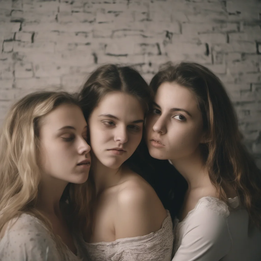 three aroused 18 yo girls   intimate   touching   sexual   extatic  kissing   old studio wall    full body   medium format style amazing