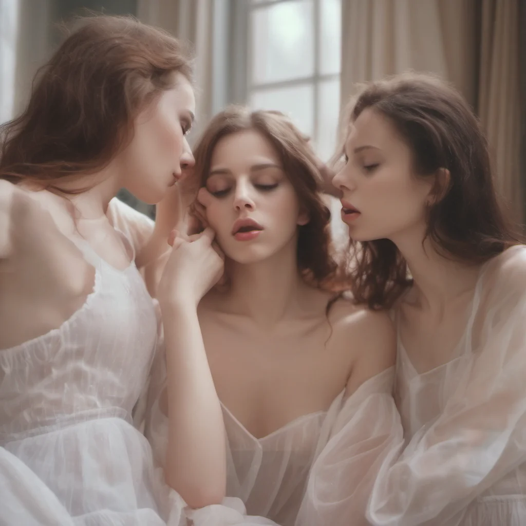 three sensual young aroused sisters  dreamy  sexual  wet lip touchings passionate kiss intense   eyes closed  extatic soft fog full body   film style amazing awesome portrait 2