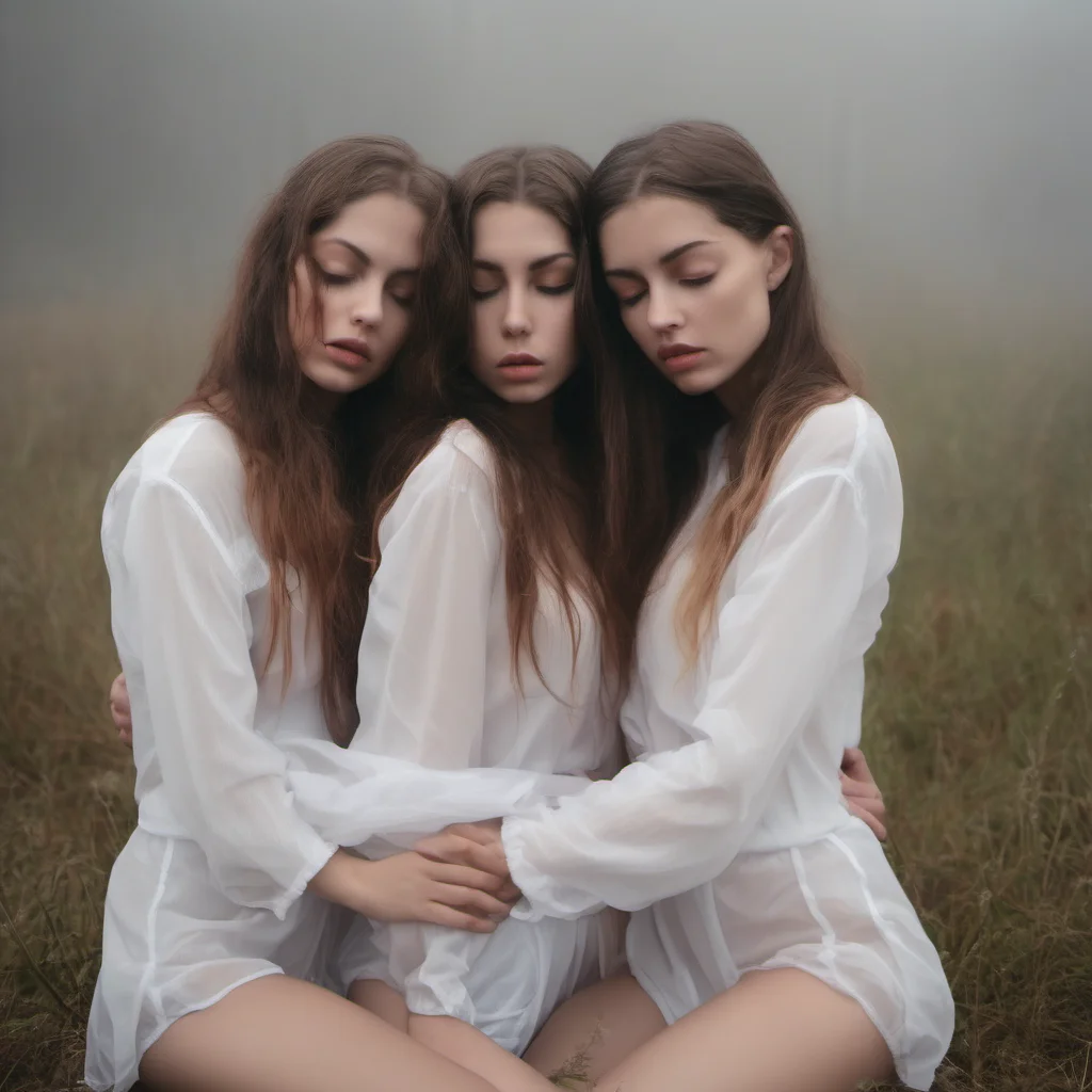 three sensual young aroused sisters  horny  sexual  wet lips passionate kiss intense   eyes closed  extatic soft fog full body   film style good looking trending fantastic 1
