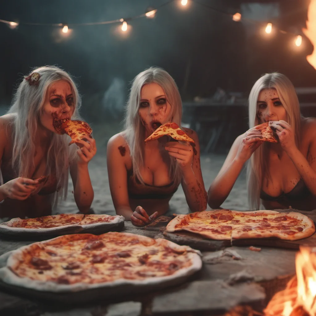 three zombie girls in bikini eating pizza in front of a cozy hairfire   cinematic film amazing awesome portrait 2