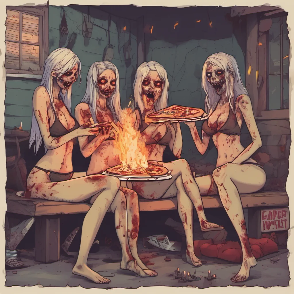 three zombie girls in bikini eating pizza in front of a cozy hairfire