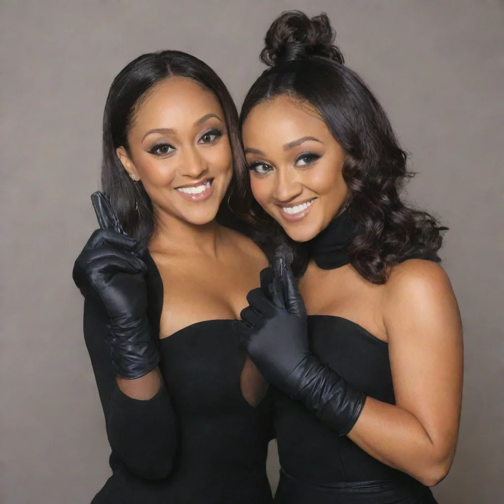 aitia and tamera mowry smiling with black gloves and gun