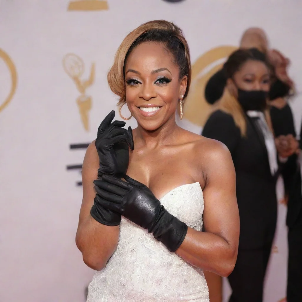 tichina arnold smiling at the bet awards with black gloves and gun