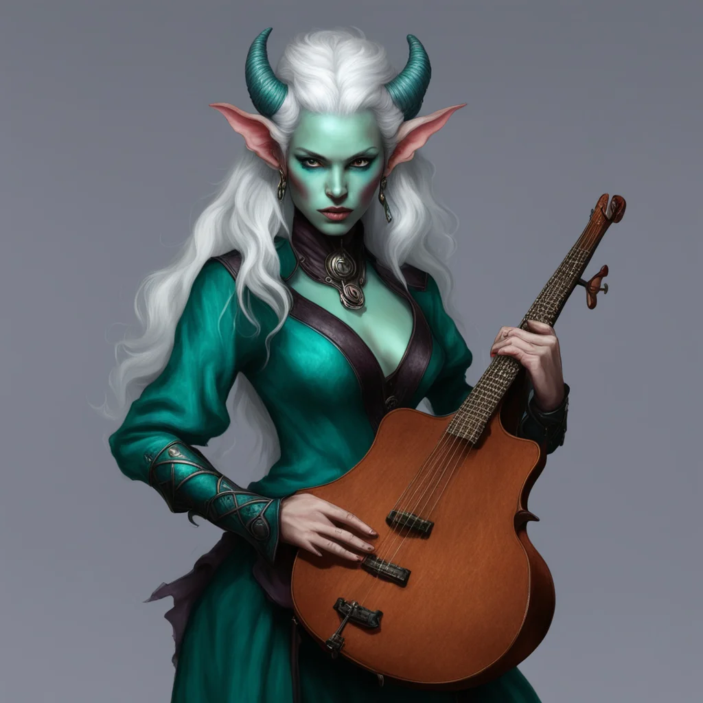aitiefling%2C female%2C plays the viol%2C white hair%2C teal skin%2C silver eyes confident engaging wow artstation art 3
