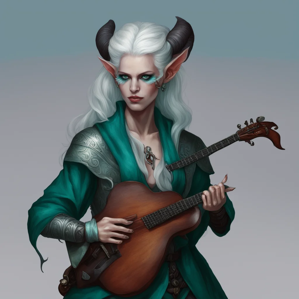 aitiefling%2C female%2C plays the viol%2C white hair%2C teal skin%2C silver eyes
