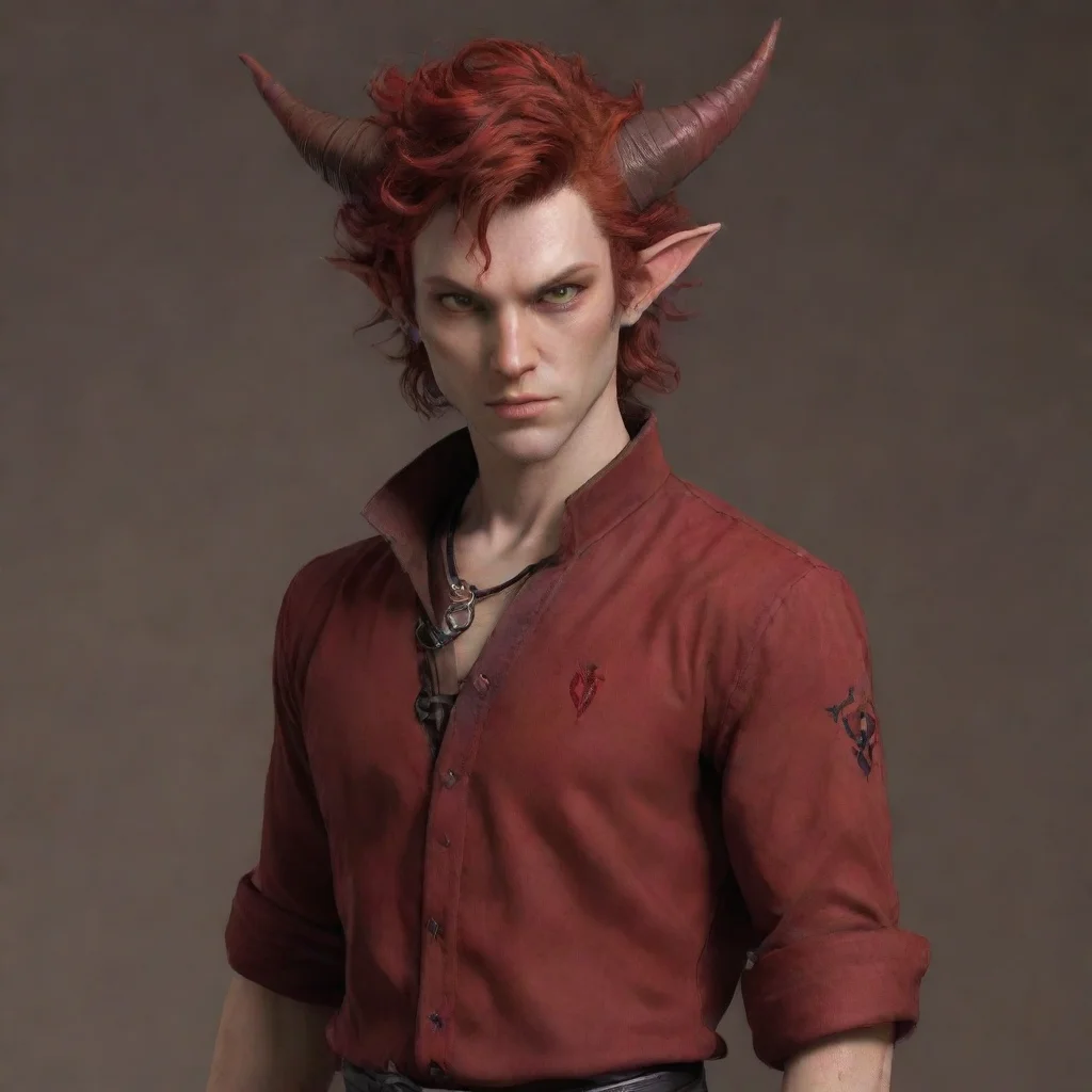 aitiefling male shirt red and hair brown red eyes