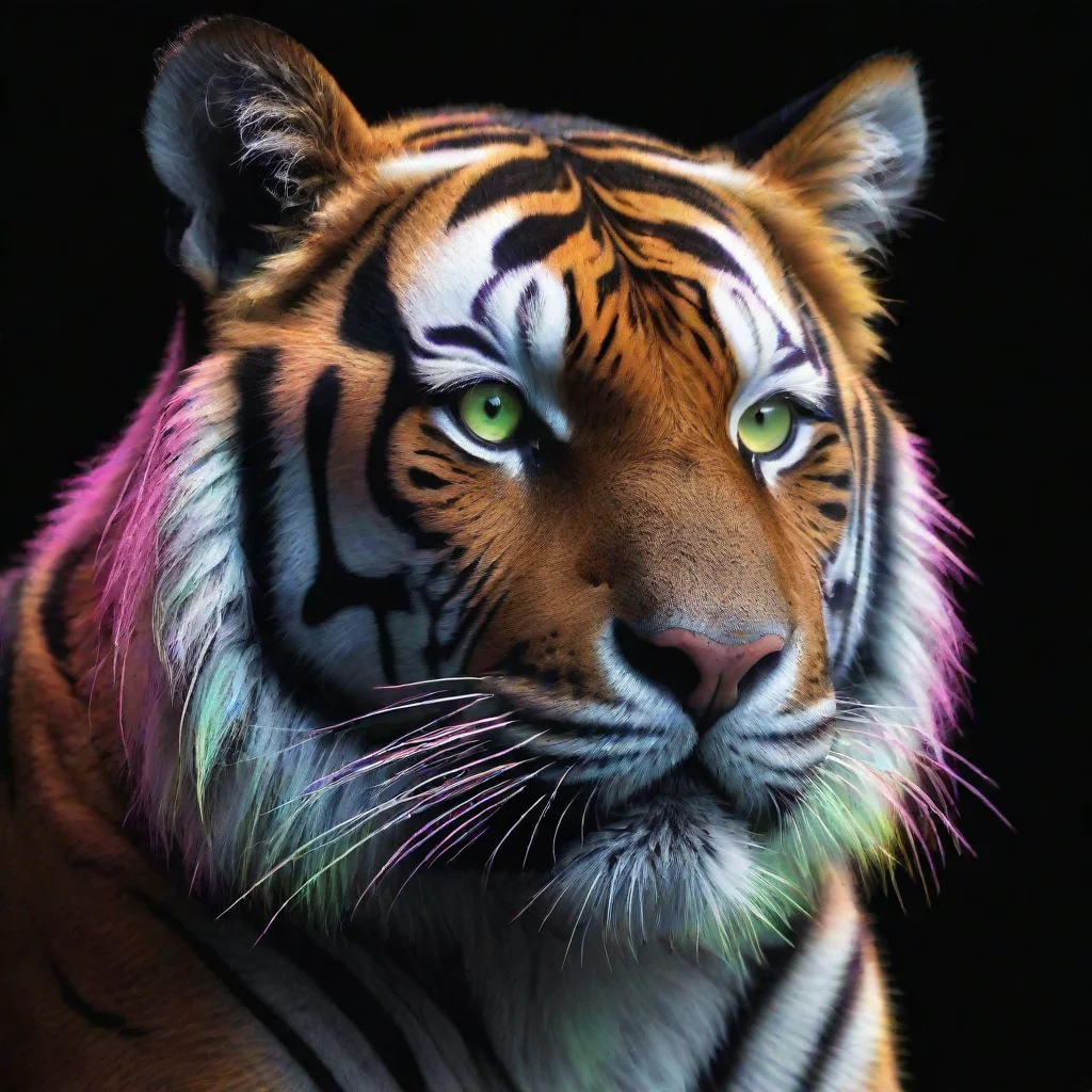 tiger with neon as fur in a black background high detail and colors