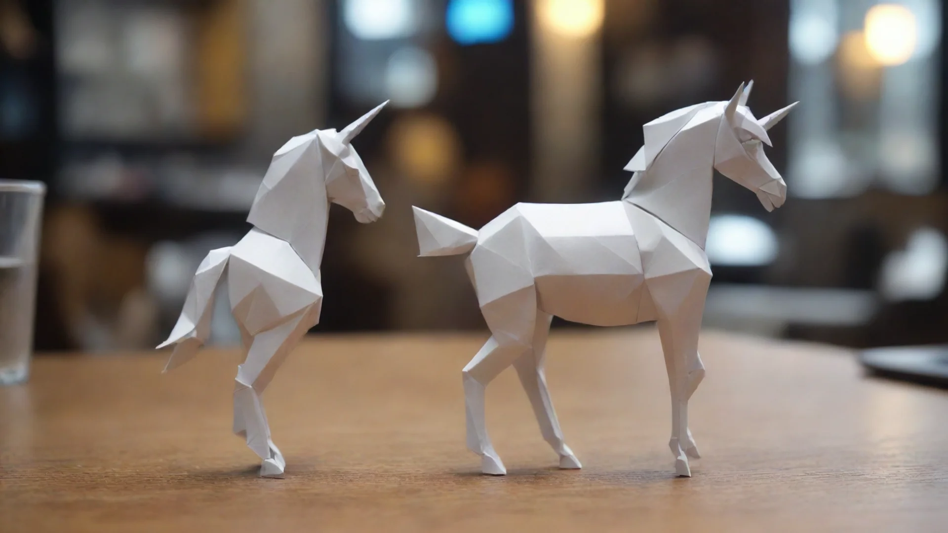 tiny full folded paper unicorn figure origami unicorn horse on a table cyberpunk crowded scifi bar gloomy melancholicult ai art generator wide
