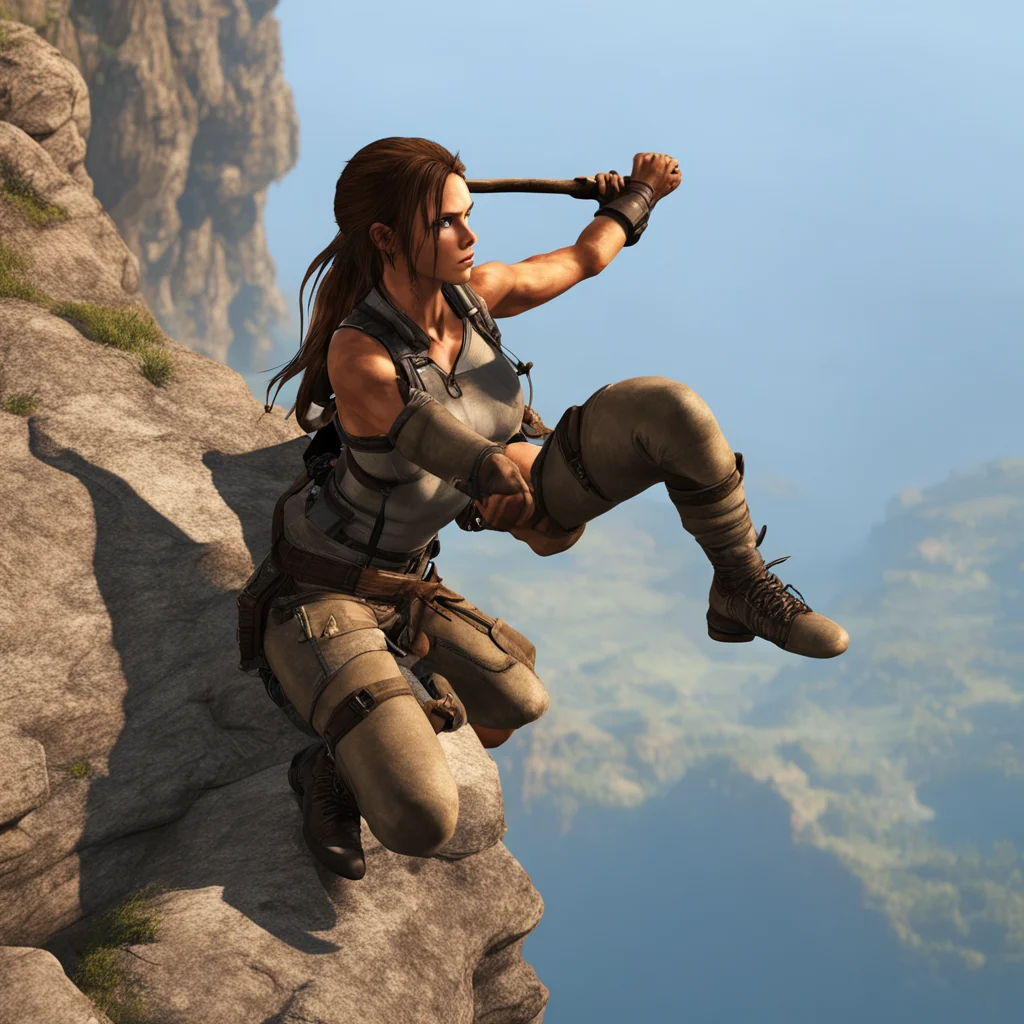 tired lara croft hangs on a cliff with one hand amazing awesome portrait 2