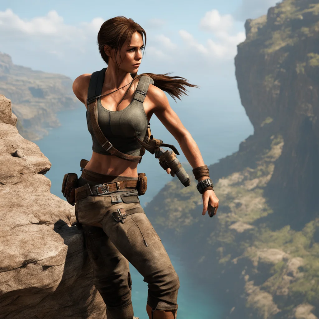 aitired lara croft hangs on a cliff with one hand confident engaging wow artstation art 3