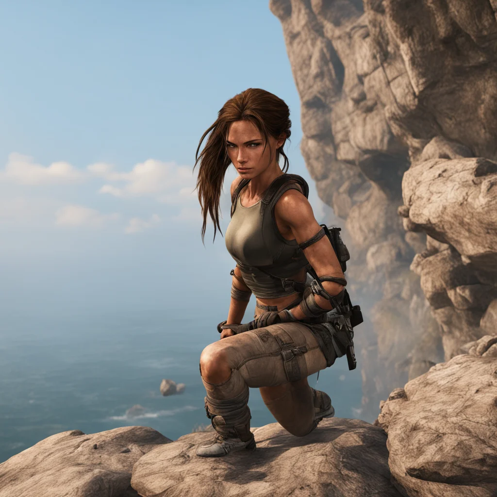 tired lara croft hangs on a cliff with one hand