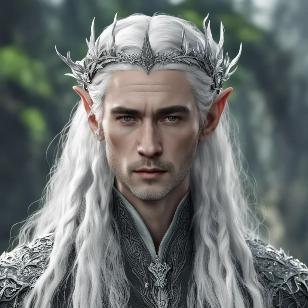 aitolkien  king thranduil with silver hair with braids wearing silver flower elvish circlet encrusted with diamonds  confident engaging wow artstation art 3