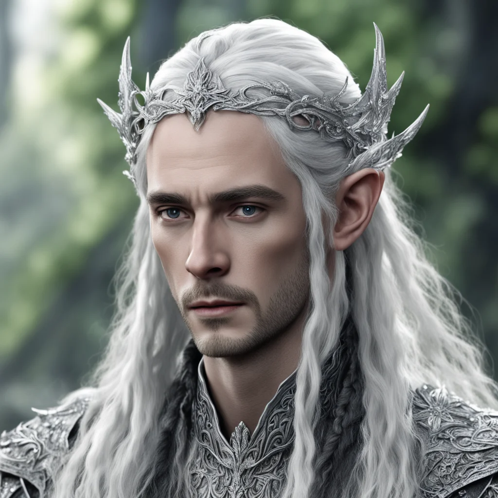 aitolkien  king thranduil with silver hair with braids wearing silver flower elvish circlet encrusted with diamonds 