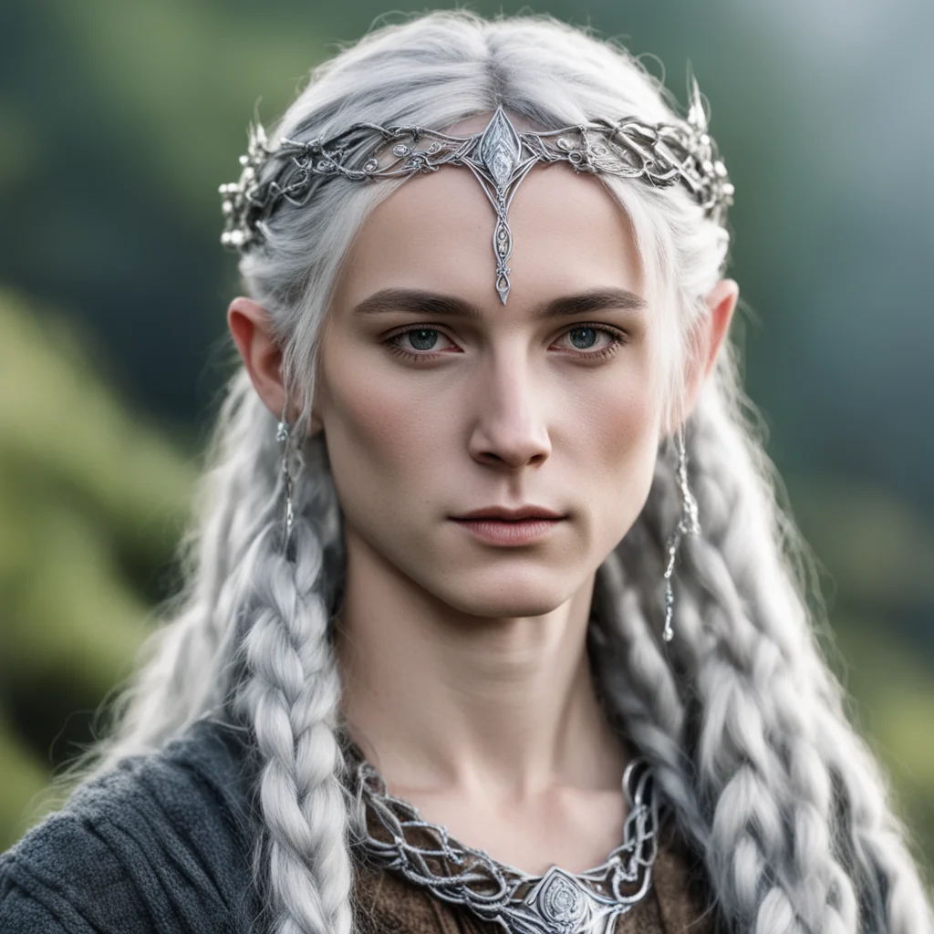 aitolkien beleg with silver hair and braids wearing silver sindarin elvish circlet with center diamond amazing awesome portrait 2