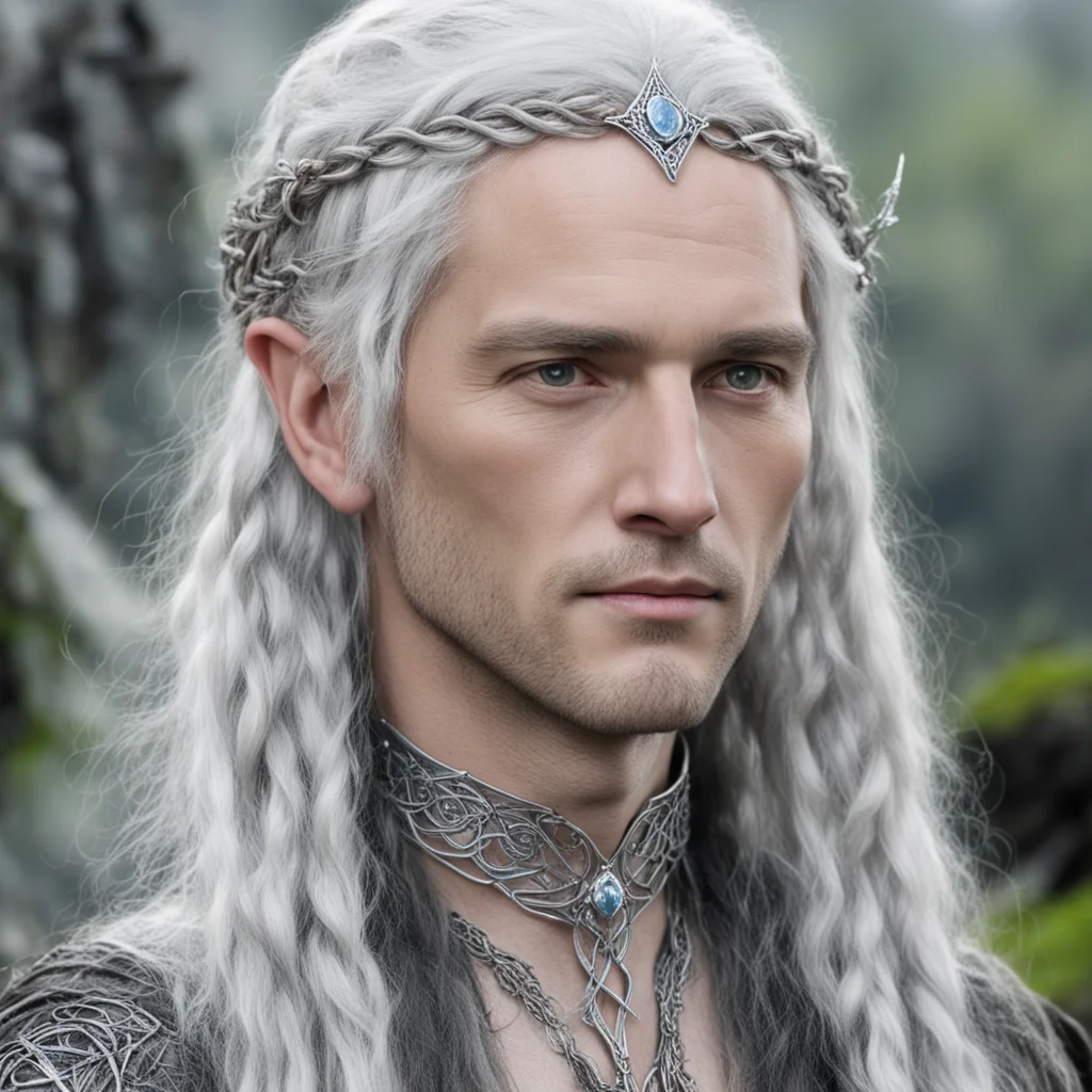 tolkien beleg with silver hair and braids wearing silver sindarin elvish circlet with center diamond