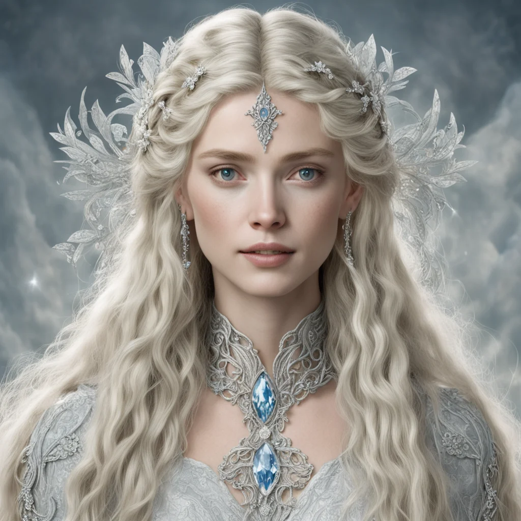 tolkien galadriel with blond hair and braids wearing silver vines encrusted with diamonds with silver flowers encrusted with diamonds forming a silver elvish circlet with large center diamond amazin