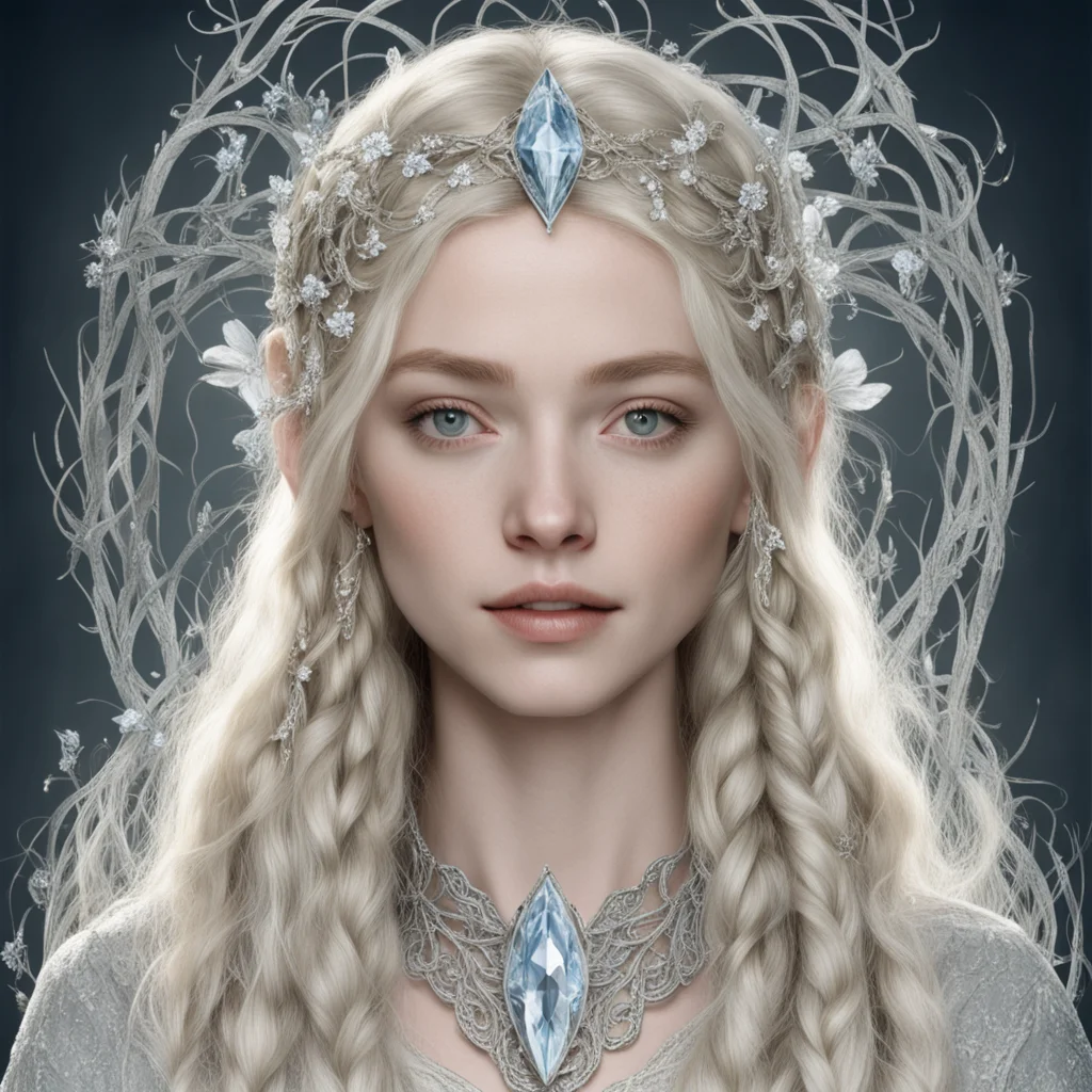 tolkien galadriel with blond hair and braids wearing silver vines encrusted with diamonds with silver flowers encrusted with diamonds forming a silver elvish circlet with large center diamond confid