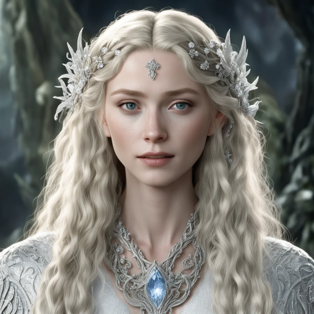 tolkien galadriel with blond hair and braids wearing silver vines encrusted with diamonds with silver flowers encrusted with diamonds forming a silver elvish circlet with large center diamond