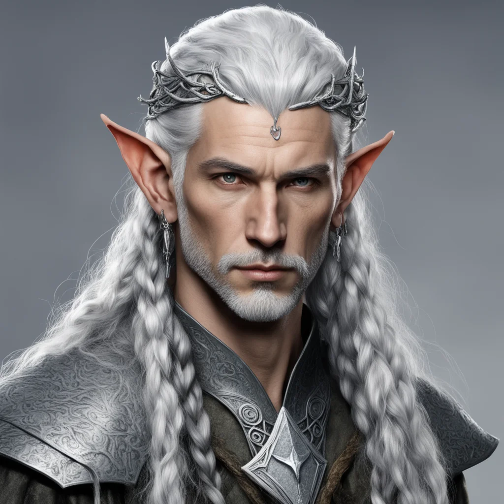 aitolkien high lord sindar male elf with gray hair and braids wearing silver serpentine elvish circlet with large center diamond amazing awesome portrait 2