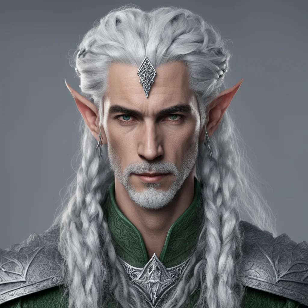 aitolkien high lord sindar male elf with gray hair and braids wearing silver serpentine elvish circlet with large center diamond good looking trending fantastic 1