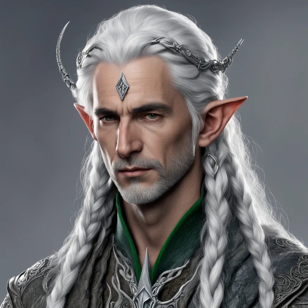 aitolkien high lord sindar male elf with gray hair and braids wearing silver serpentine elvish circlet with large center diamond