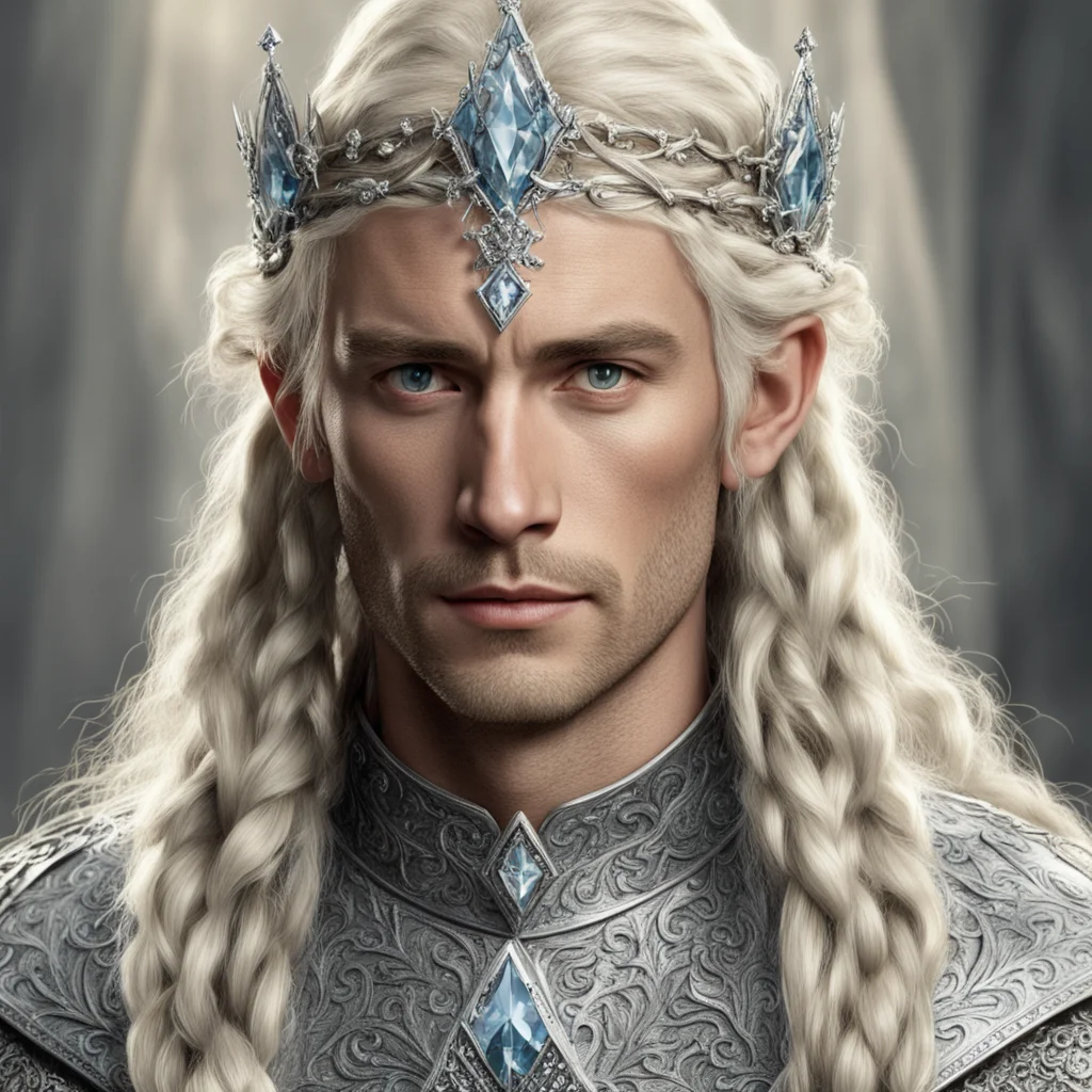 aitolkien king amdir  with blond hair and braids wearing silver elvish circlet encrusted with large diamonds with large center diamond good looking trending fantastic 1