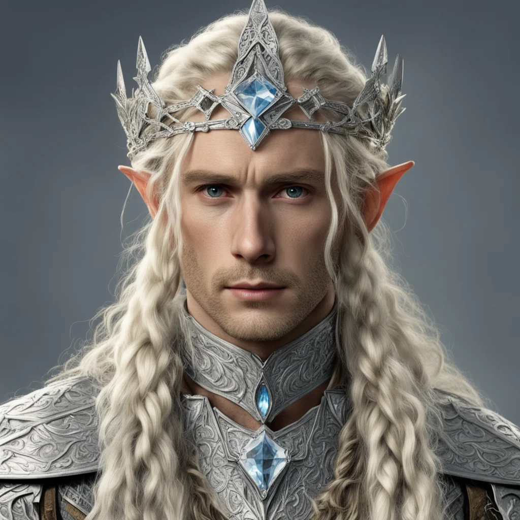 tolkien king amdir  with blond hair and braids wearing silver elvish circlet encrusted with large diamonds with large center diamond