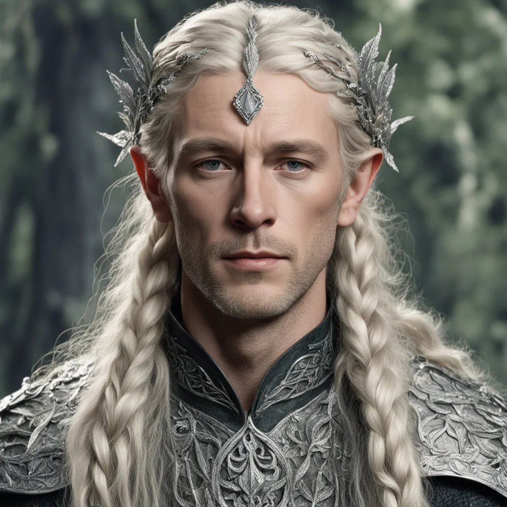 aitolkien king amdir with blond hair and braids wearing silver beech leaf encrusted with diamonds forming silver serpentine elvish circlet with large center diamond amazing awesome portrait 2
